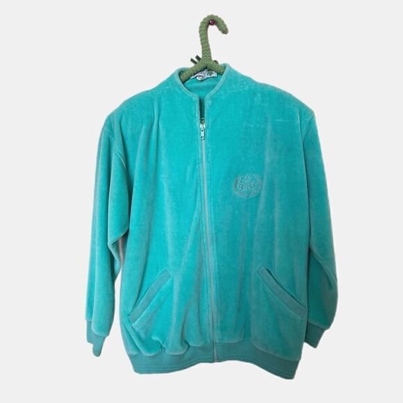 Saks Fifth Avenue Vintage 90s Womens Green Velour Zip Up Jacket S Y2K - Picture 1 of 10